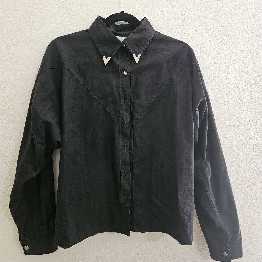 Vintage 90s Black Western Shirt with Metal Collar Tips
